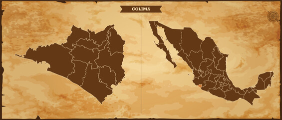 Colima state map, Mexico map with federal states in A vintage map based background, Political Mexico Map