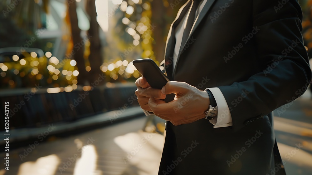 Poster Businessman using mobile smart phone Business global internet connection application technology and digital marketing Financial and banking Digital link tech big data : Generative AI