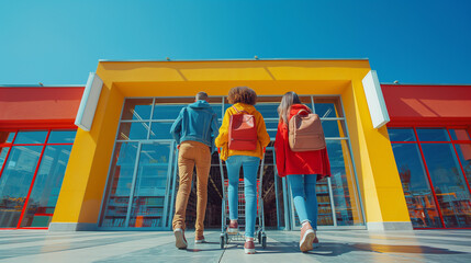 Three diverse people entering a modern supermarket together.