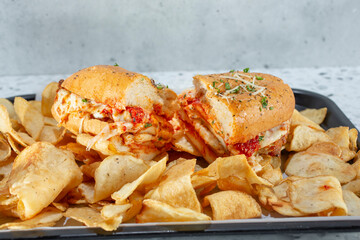 A view of a chicken parmigiana sandwich.
