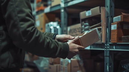 Detailed shot of a person labeling a parcel, shelves with diverse items in the background, industrial environment, raw style