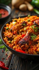 Jollof rice, spicy and colorful with chicken and vegetables, festive West African celebration