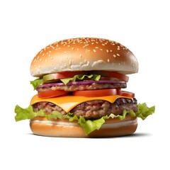 Classic burger with beef cutlet vegetables and onions isolated on a white background