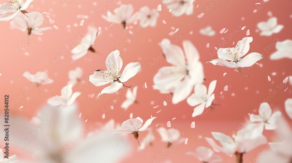 Poster a beautiful image of spring white cherry flowers flying in the air on the pastel pink background lev