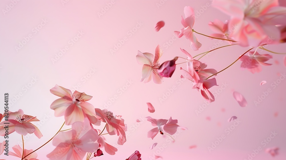 Poster a beautiful image of sping pink flowers flying in the air on the pastel pink background levitation c
