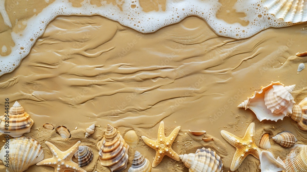 Poster Top view of a sandy beach texture with imprints of exotic seashells and starfish as natural textured background : Generative AI