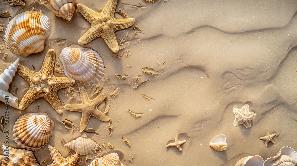 Poster Top view of a sandy beach texture with imprints of exotic seashells and starfish as natural textured background : Generative AI
