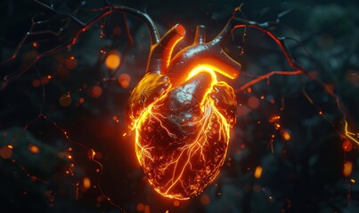 Digital interpretation of a human heart, emanating a red, pulsating glow
