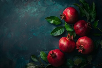 Ribe red pomegranates still life, laying on a rough fabric background, in a moody light with deep shadows