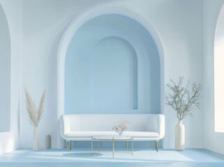 3d render illustration mockup. Contemporary white beige interior with wall, chair, sofa and decor.