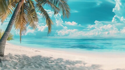 Fototapeta premium Beautiful beach with white sand turquoise ocean green palm trees and blue sky with clouds on Sunny day Summer tropical landscape panoramic view : Generative AI