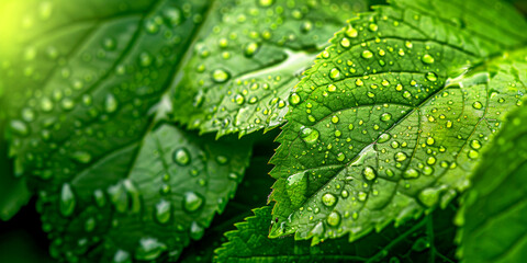 Water drops on texture green leaf background. Foliage in rain. Banner