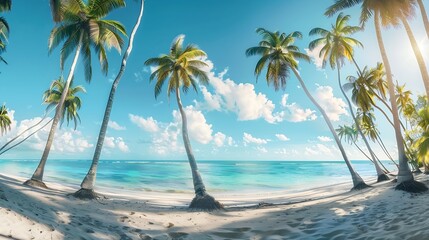 panorama of tropical beach with coconut palm trees : Generative AI