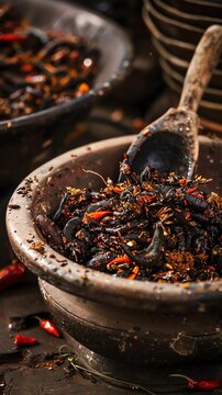 Mopane worms, dried and fried, served as a snack, local Zimbabwean market