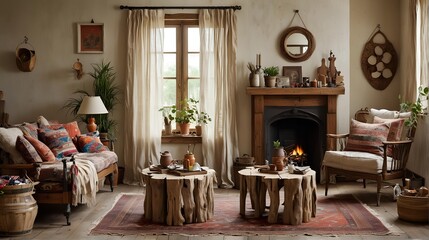 the bohemian and country rustic feel of the living room. Close up