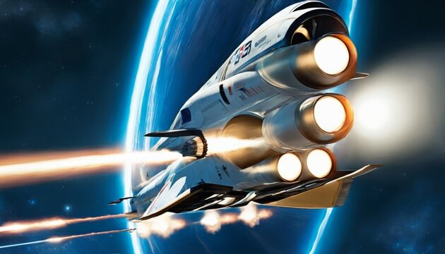 A sleek spacecraft with glowing engines races past Earth, leaving a trail of fire as it breaks through the atmosphere into space.. AI Generation
