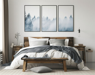 blue tone, bed with blue pillows and two bedside cabinets against white wall with three posters frames. Farmhouse interior design of modern bedroom