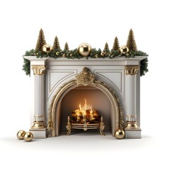 christmas fireplace, Illustration of fireplace christmas png white backgroud ultra realis, Fireplace decorated for Christmas and candles on white background