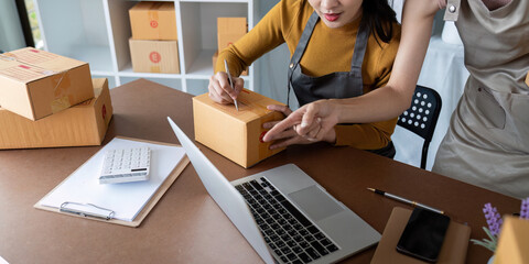 Asian women managing shipping logistics for online business. Concept of e-commerce operations, teamwork, and order fulfillment