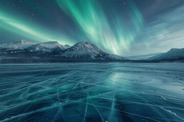 A frozen lake witn cracks, there is a snowcap mountain in the background. Aurora glowing in the sky