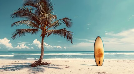 Surfboard and palm tree on beach with beach sign for surfing area Travel adventure and water sport relaxation and summer vacation concept vintage color tone image : Generative AI
