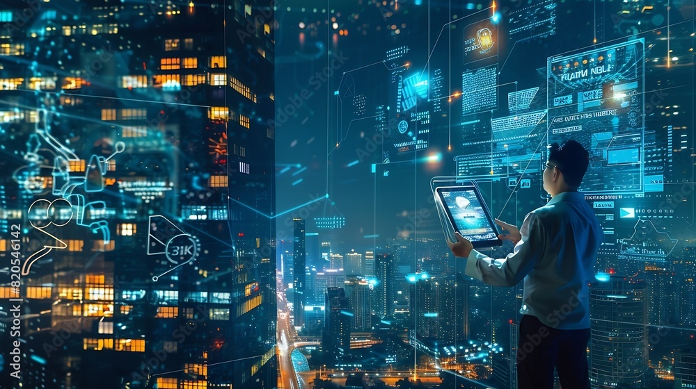 Poster Digital technology Business network connection Teamwork Deal Partnership and data exchange Investment analysis planning and  strategy Businessman working with digital device on smart c : Generative AI