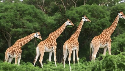 A Group Of Giraffes Grazing On Treetop Leaves