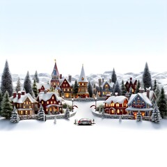 city della salute church, Beautiful Christmas village set isolated on white background, SnowCovered Christmas Village with Lights