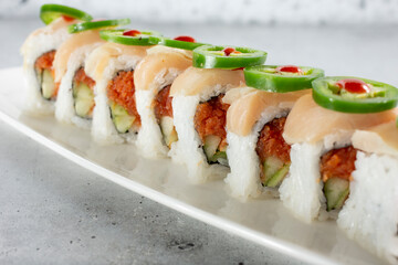 A view of a spicy tuna sushi roll.