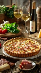 Quiche, filled with ham and cheese, served at a French countryside picnic