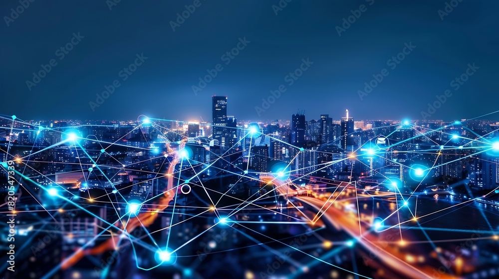 Fototapete Smart city and abstract polygon pattern connection with speed line light big data connection technology concept : Generative AI