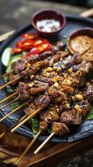 Satay, grilled meat skewers with peanut sauce, vibrant Southeast Asian street market