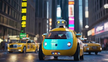 An autonomous robot taxi with expressive eyes roams through the neon-lit streets of a vibrant city at night.. AI Generation