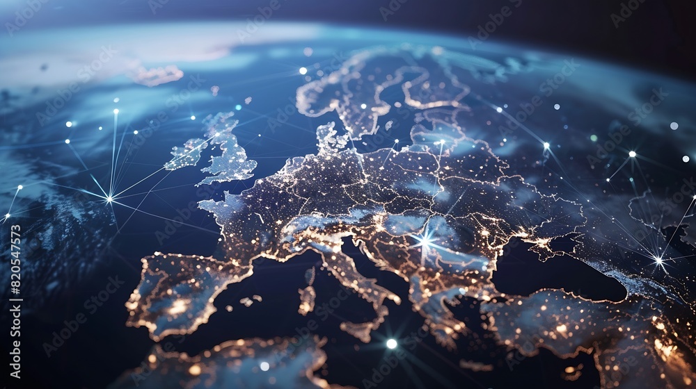 Poster Communication technology with global internet network connected in Europe Telecommunication and data transfer european connection links IoT finance business blockchain security : Generative AI
