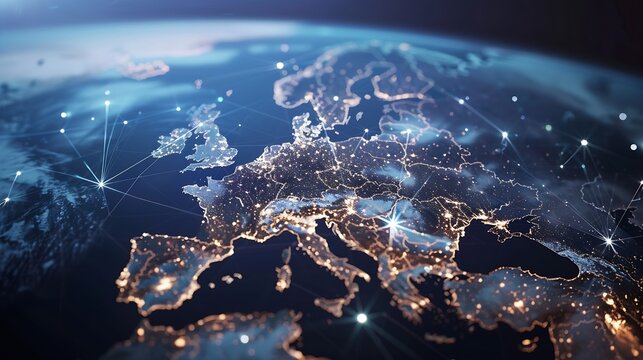 Communication technology with global internet network connected in Europe Telecommunication and data transfer european connection links IoT finance business blockchain security : Generative AI