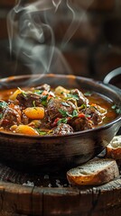 Side view of a steaming bowl of Hungarian goulash, rich and hearty with chunks of beef and vegetables, rustic bread on the side, warm kitchen setting