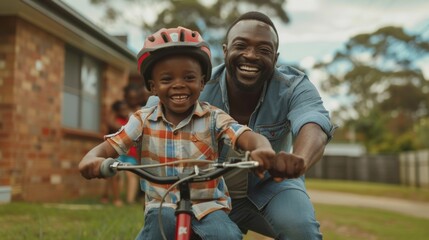 Obraz premium African american father enjoy teaching to ride his son a in the backyard of their home