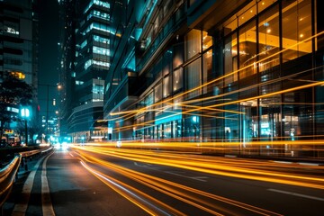 Obraz premium The light trails on the modern building background, AI generated