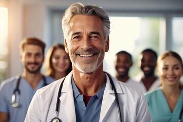 Fototapeta premium cheerful mature doctor and team in hospital