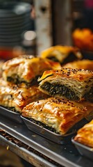Spanakopita, Greek spinach pie in flaky phyllo pastry, outdoor market in Athens