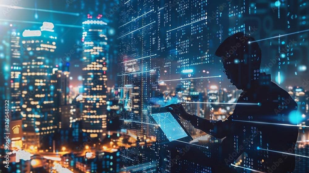 Poster Business and technology software development IoT concept Double exposure man programmer software developer working on digital tablet and smart city with binary html computer code on sc : Generative AI
