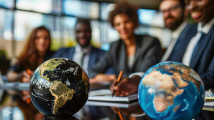 Globalization concept image with a multicultural business team around a earth globe