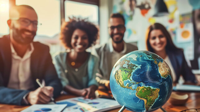 Globalization concept image with a multicultural business team around a earth globe
