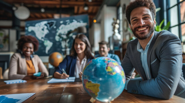 Globalization concept image with a multicultural business team around a earth globe - Powered by Adobe