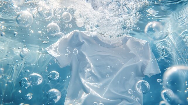white T-shirt submerged in clear blue water. 