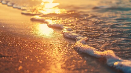 Closeup sea sand beach Panoramic beach landscape Inspire tropical beach seascape horizon Orange and golden sunset sky calmness tranquil relaxing sunlight summer mood Vacation travel ho : Generative AI