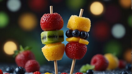 Frozen fruit kebabs a healthy summer snack. Fresh frozen fruit pieces on sticks.