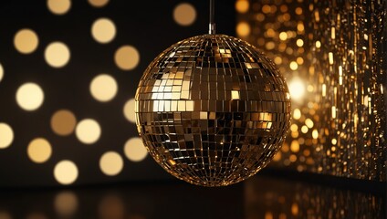 Obraz premium Gold mirror disco ball background with sparkling lights.