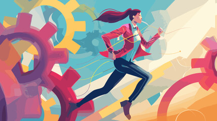 Efficient Time Management Concept with Confident Businesswoman Running Out of Large Gear