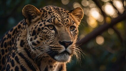Fototapeta premium Leopard Portrait Lying on a Tree at Sunset, Professional Photography of Big Cats.